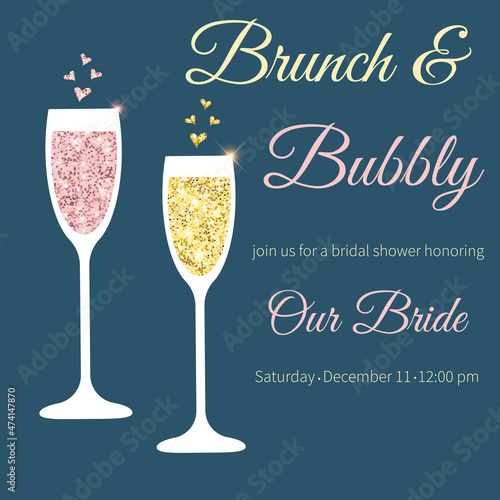 Bridal party invitation with two shiny glasses of champagne.