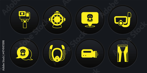 Set Scallop sea shell, Diving mask with snorkel, Flashlight for diver, Aqualung, Wetsuit scuba diving and Action extreme camera icon. Vector