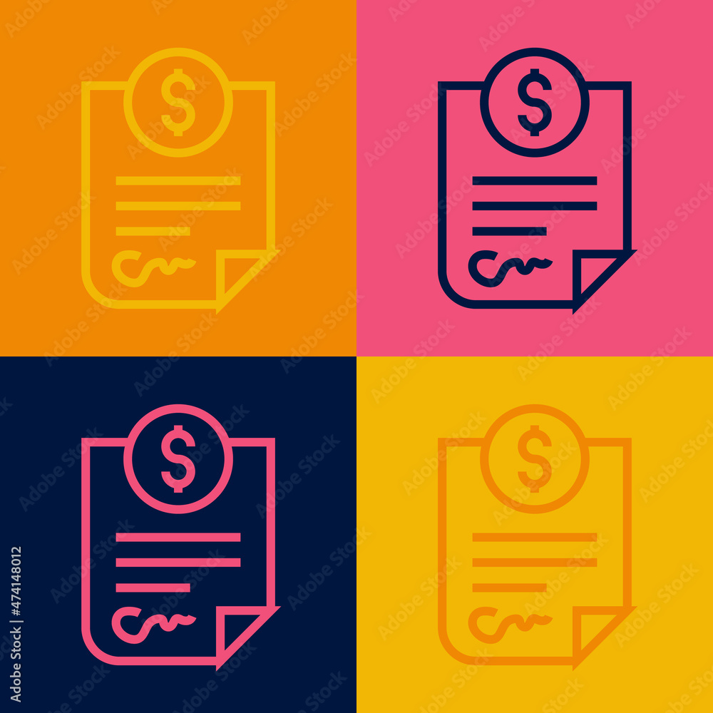 Pop art line Contract money icon isolated on color background. Banking document dollar file finance money page. Vector Pop art line Contract money icon isolated on color background. Banking document dollar file finance money page. Vector
