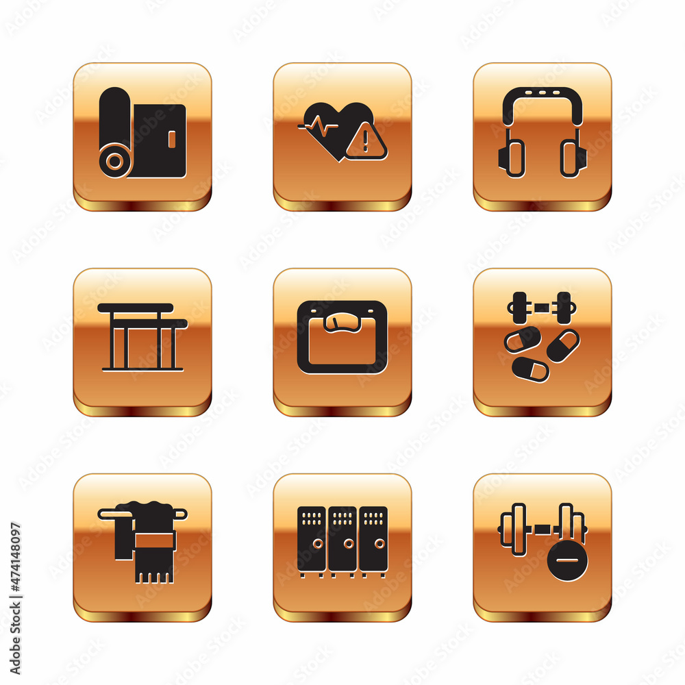 Set Fitness mat roll, Towel on hanger, Locker or changing room, Bathroom scales, Uneven bars, Headphones, Dumbbell and Heart rate icon. Vector Set Fitness mat roll, Towel on hanger, Locker or changing room, Bathroom scales, Uneven bars, Headphones, Dumbbell and Heart rate icon. Vector