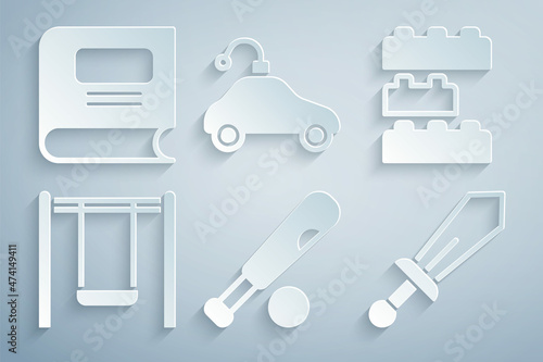 Set Baseball bat with ball, Toy building block bricks, Swing, Sword toy, Radio controlled car and Book icon. Vector