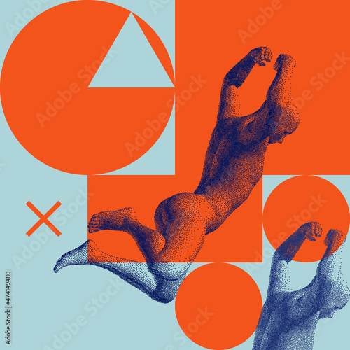 Strong man. Angry man raised fists. Ready to punch. Victory and freedom. Leadership or workout bodybuilding concept. 3d vector illustration for advertising, marketing or presentation.