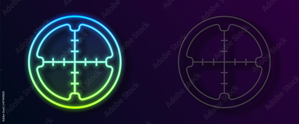 Glowing neon line Sniper optical sight icon isolated on black background. Sniper scope crosshairs. Vector Glowing neon line Sniper optical sight icon isolated on black background. Sniper scope crosshairs. Vector
