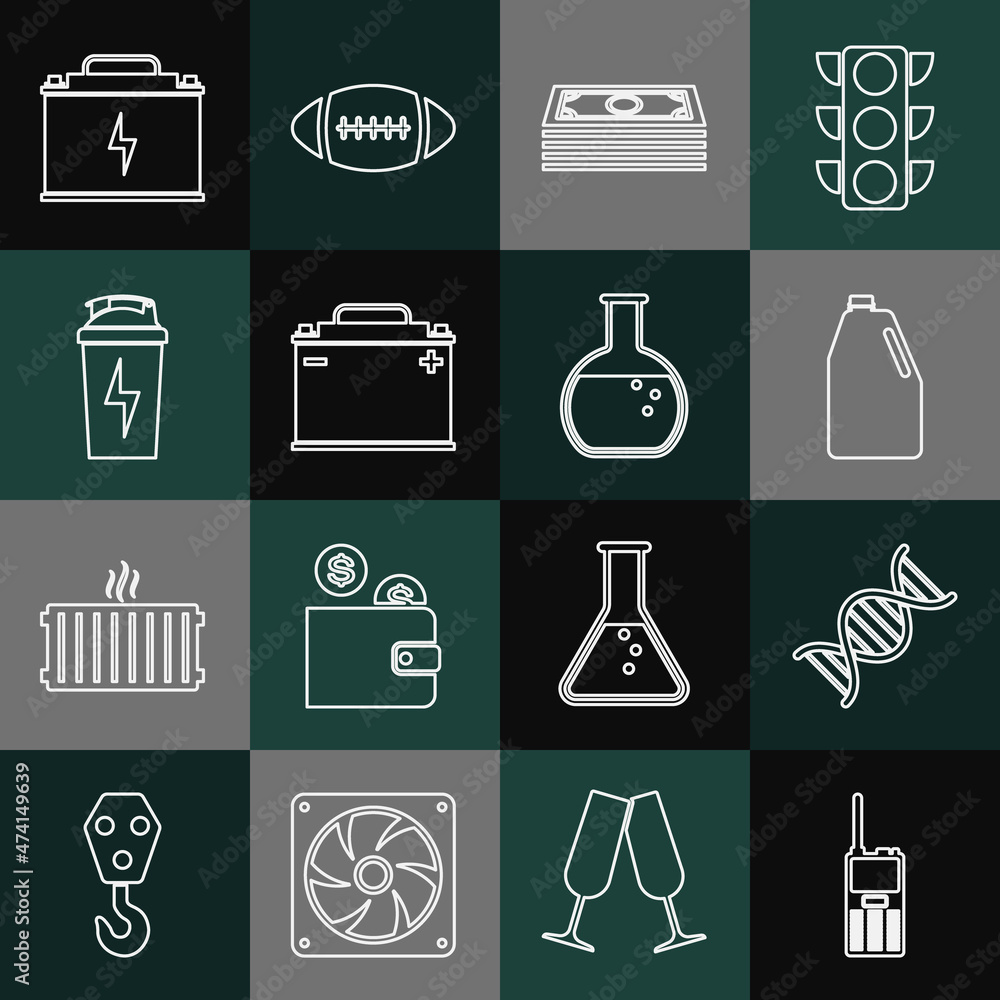 Set line Walkie talkie, DNA symbol, Household chemicals bottle, Stacks paper money cash, Car battery, Fitness shaker, and Test tube and flask icon. Vector Set line Walkie talkie, DNA symbol, Household chemicals bottle, Stacks paper money cash, Car battery, Fitness shaker, and Test tube and flask icon. Vector