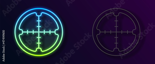 Glowing neon line Sniper optical sight icon isolated on black background. Sniper scope crosshairs. Vector