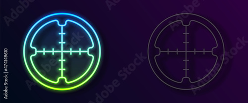 Glowing neon line Sniper optical sight icon isolated on black background. Sniper scope crosshairs. Vector