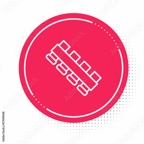 White line Hunting cartridge belt with cartridges icon isolated on white background. Bandolier sign. Hunter equipment, armament. Red circle button. Vector