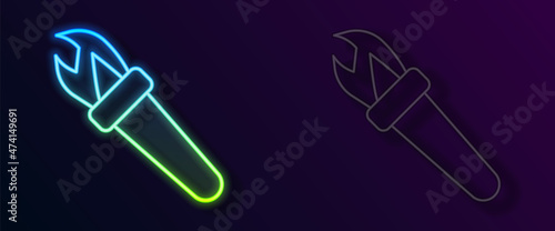 Glowing neon line Torch flame icon isolated on black background. Symbol fire hot, flame power, flaming and heat. Vector