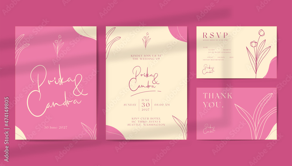 Pastel Pink Wedding Invitation with Line Art Flower