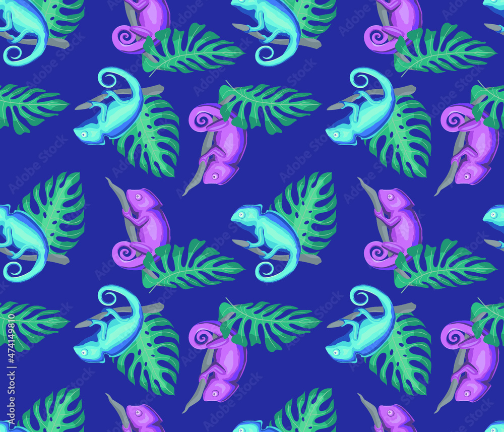 Bright seamless tropical pattern. Blue and lilac chameleons on dark under palm leaves. Vector illustration for fabric, wrapping paper and wallpaper