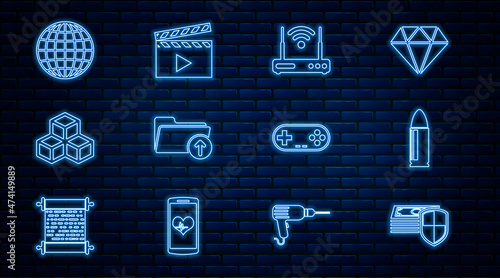 Set line Money protection, Bullet, Router and wi-fi, Download arrow with folder, Isometric cube, Earth globe, Gamepad and Movie clapper icon. Vector