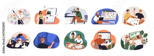 Different designers set. Creative people at laptop computers and desks work with graphic, fashion, interior, landscape, 3d and UI UX designs. Flat vector illustrations isolated on white background
