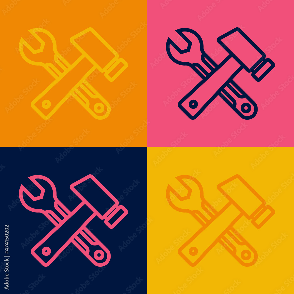 Pop art line Crossed hammer and wrench spanner icon isolated on color background. Hardware tools. Vector Pop art line Crossed hammer and wrench spanner icon isolated on color background. Hardware tools. Vector
