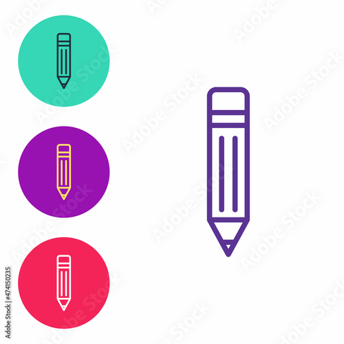 Set line Pencil with eraser icon isolated on white background. Drawing and educational tools. School office symbol. Set icons colorful. Vector