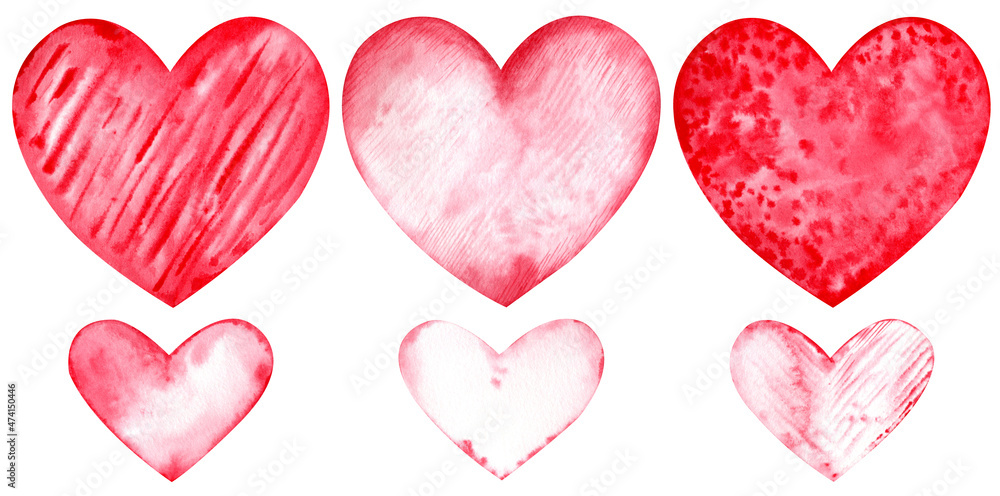 Set of watercolor hearts. Love card with red watercolor hearts isolated on the white background. Romantic clipart. Valentine's Day set.