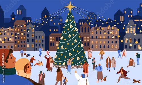Happy people at Christmas night in town. Merry crowd have fun near Xmas tree at European city street on winter holidays. Families, couples and kids at New Year eve. Colored flat vector illustration
