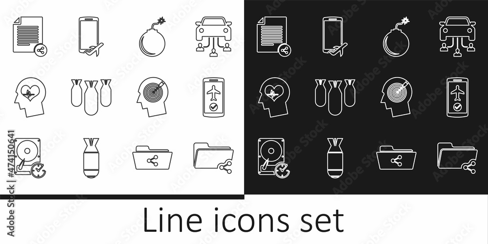 Set line Share folder, Flight mode in the mobile, Bomb ready to explode, Aviation bombs, Head with heartbeat, file, hunting concept and icon. Vector Set line Share folder, Flight mode in the mobile, Bomb ready to explode, Aviation bombs, Head with heartbeat, file, hunting concept and icon. Vector