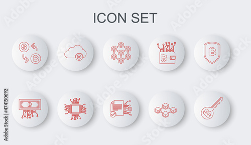 Set line Cryptocurrency key, bitcoin with circuit, Blockchain technology, exchange, cloud mining, Processor and Smart contract icon. Vector