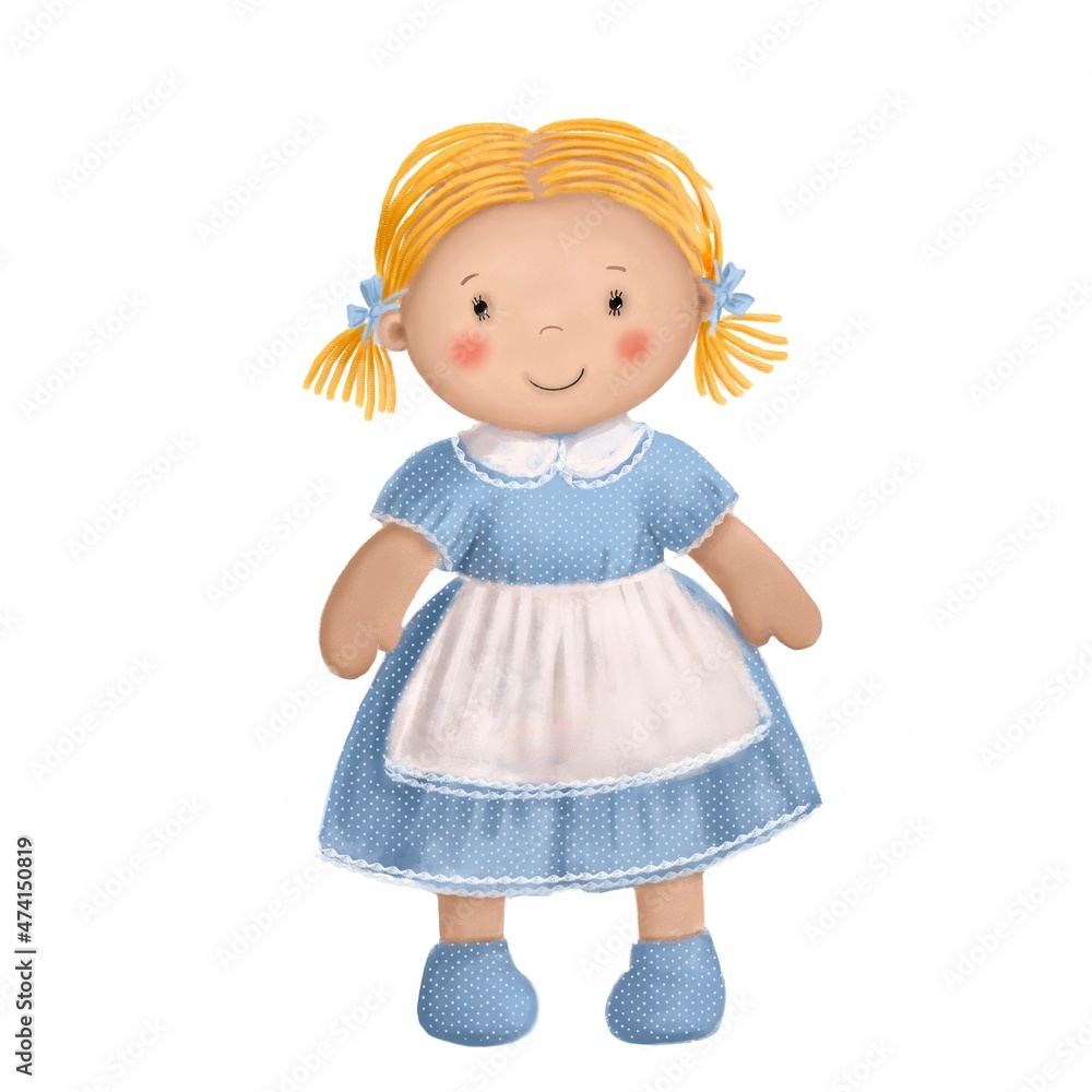 cute rag doll, children's toy clipart, watercolor style illustration with cartoon character cute rag doll, children's toy clipart, watercolor style illustration with cartoon character