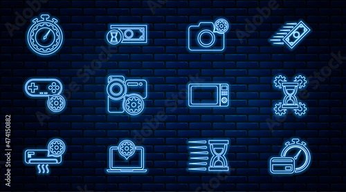 Set line Fast payments, Hourglass setting, Photo camera, Video, Gamepad, Time management, Microwave oven and icon. Vector