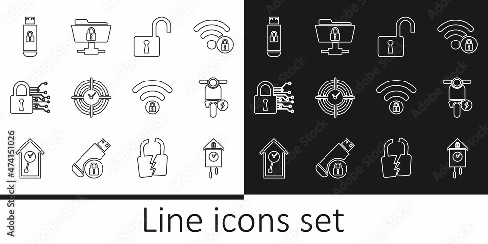 Set line Retro wall watch, Electric scooter, Open padlock, Time Management, Cyber security, USB flash drive with, Wifi locked and FTP folder and icon. Vector