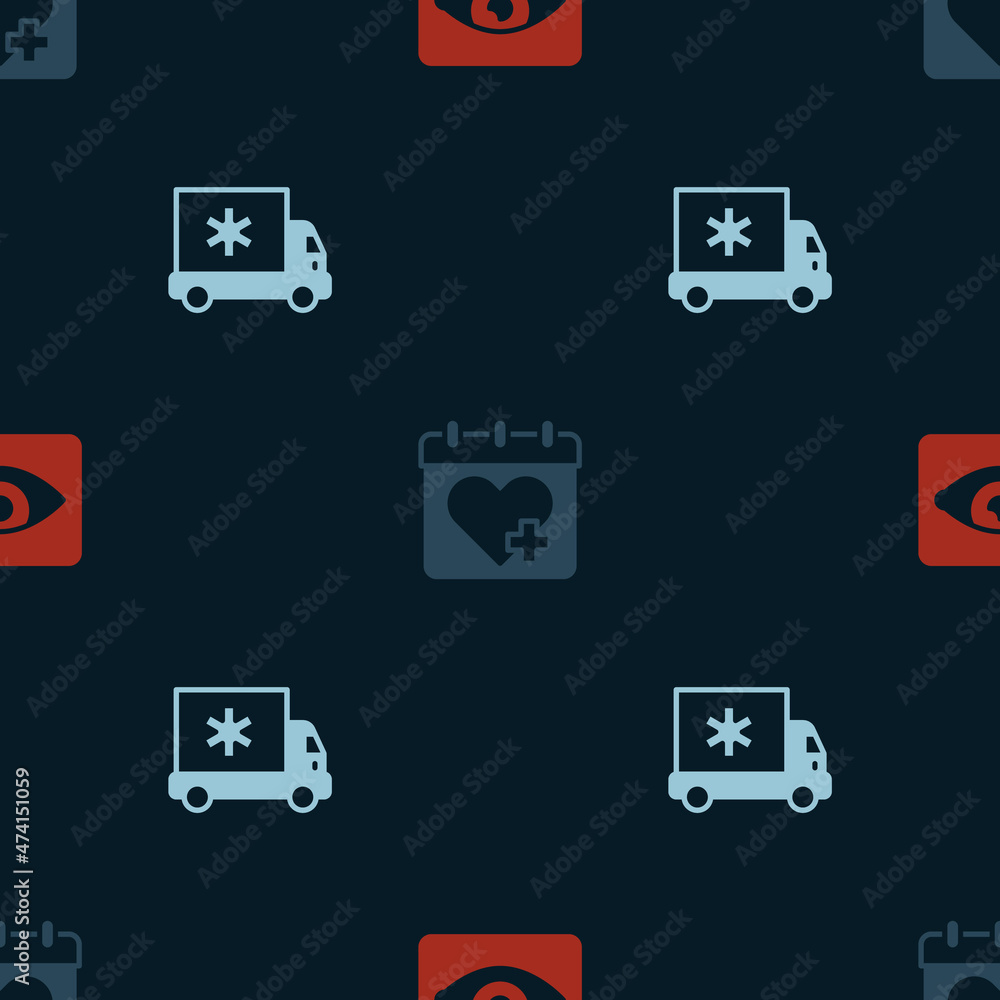 Set Red eye effect, Doctor appointment and Ambulance car on seamless pattern. Vector Set Red eye effect, Doctor appointment and Ambulance car on seamless pattern. Vector