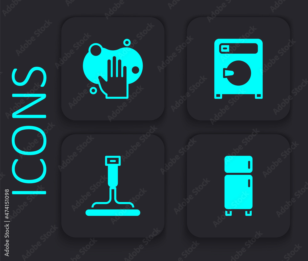 Set Refrigerator, Sponge, Washer and Rubber cleaner for windows icon. Black square button. Vector Set Refrigerator, Sponge, Washer and Rubber cleaner for windows icon. Black square button. Vector