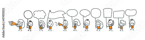 Stick figures. Blank banner set. Vector illustration of people holding blank. It can be used for presentations, for explanation, as a mascot, for communication, to express emotions.