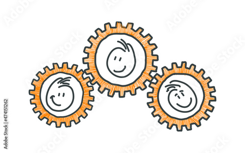 Stick figures. Business, Gear Wheel. Isolated on white background. Hand drawn doodle line art cartoon design character. 