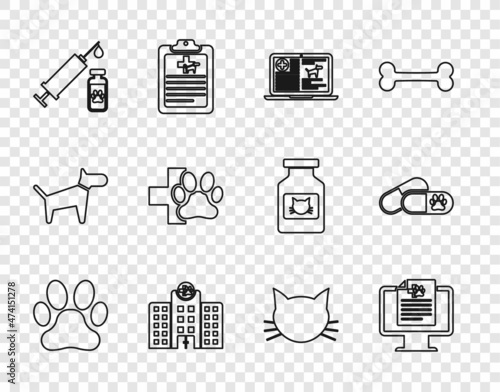 Set line Paw print, Clinical record pet on monitor, dog laptop, Veterinary medicine hospital, Syringe with vaccine, clinic, Cat and Dog and pills icon. Vector
