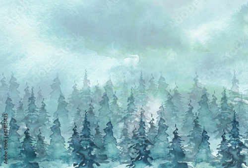 Watercolor painting, card, drawing. Coniferous forest. Winter countryside landscape. Blizzard,snowfall. Splash of blue abstract paint. Spruce, pine, cedar in the winter forest. Misty forest, haze. 