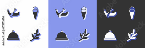 Set Olives branch, Gondola boat, Covered with tray of food and Ice cream in waffle icon. Vector