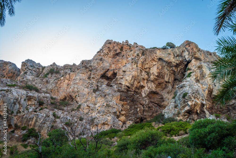 View of the rocky mountains on the preveli beach, Greece