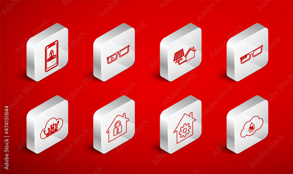 Set line Humidity, Smart glasses, House with solar panel, home settings, Mobile and password protection, under and Internet of things icon. Vector Set line Humidity, Smart glasses, House with solar panel, home settings, Mobile and password protection, under and Internet of things icon. Vector