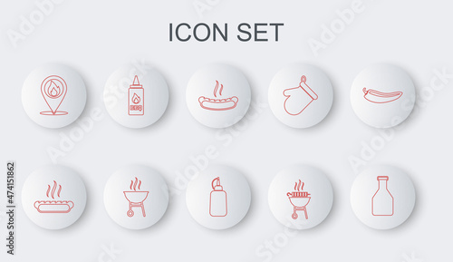 Set line Ketchup bottle, Hotdog sandwich, Barbecue grilled shish kebab, Location with fire flame, and Mustard icon. Vector