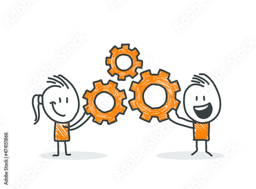 Stick figures. Business, Gear Wheel. Isolated on white background. Hand drawn doodle line art cartoon design character. 