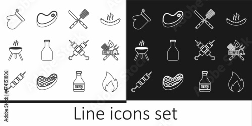 Set line Fire flame, Crossed fork and spatula, knife, Ketchup bottle, Barbecue grill, Oven glove, Grilled shish kebab and Steak meat icon. Vector