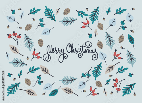 Merry Christmas greeting card design template. Hand-lettered greeting phrase  decoration with frozen leaves  dog-rose berries  pine cones  snowy fir tree branches on light-blue background