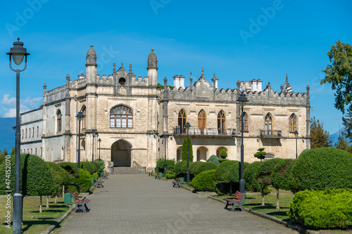 Beautiful historical and architectural museum of Dadiani palaces, located in a park in Zugdidi on a sunny bright day, Georgia