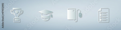 Set Award cup, Graduation cap on globe, Electronic book with mouse and Online quiz, test, survey. Paper art style. Vector