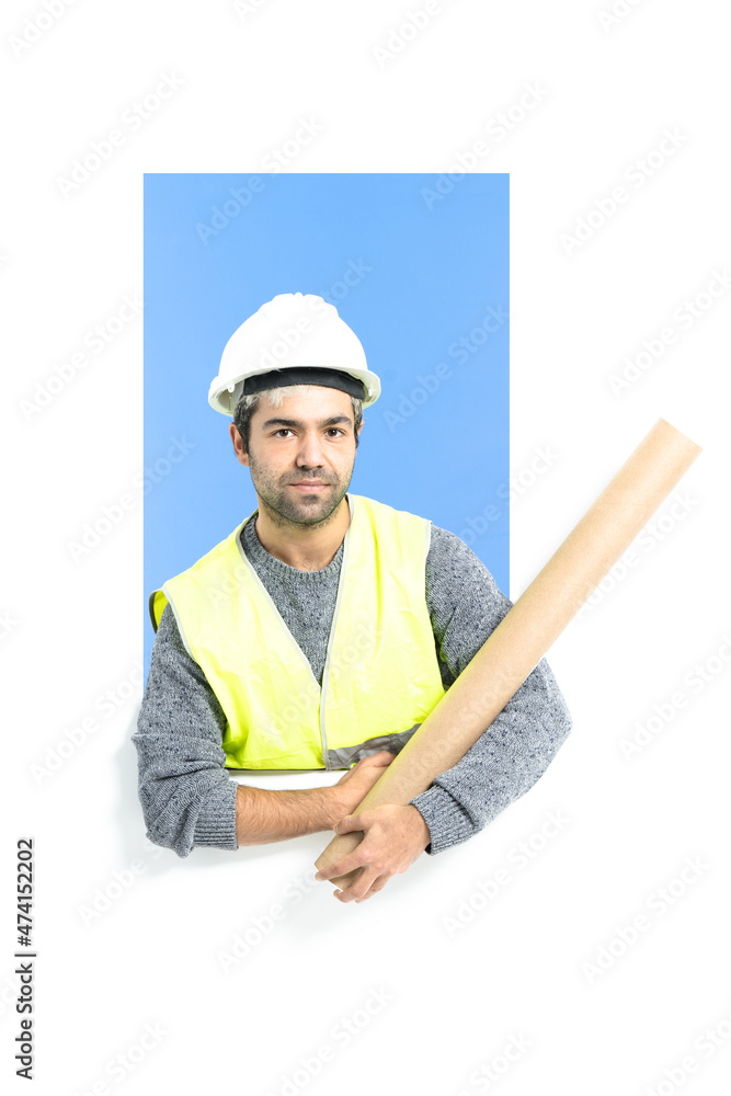 Hispanic architect wearing safety vest and helmet. Hispanic architect wearing safety vest and helmet.