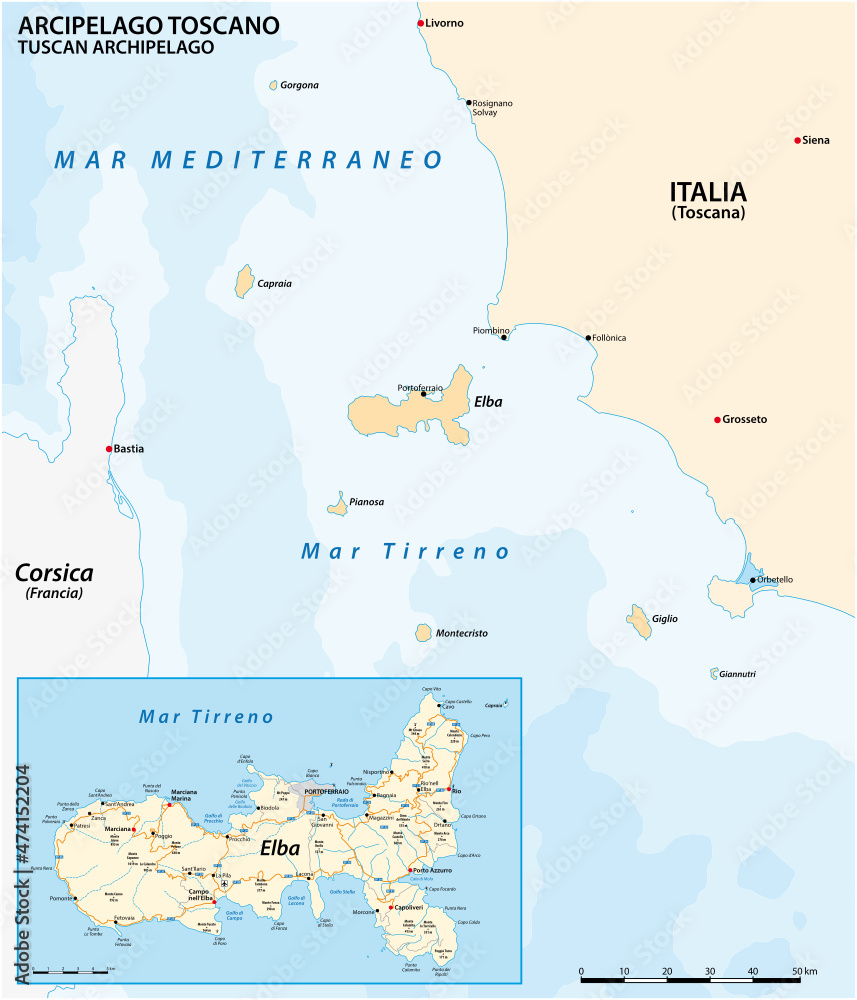 Obraz premium Map of Elba Island and the Tuscan Archipelago, Italy