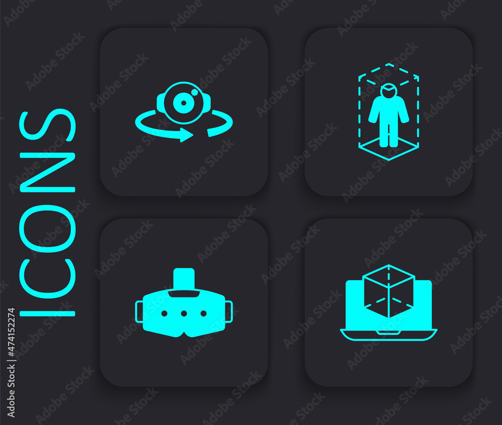 Set 3d modeling, 360 degree view, and Virtual reality glasses icon. Black square button. Vector Set 3d modeling, 360 degree view, and Virtual reality glasses icon. Black square button. Vector