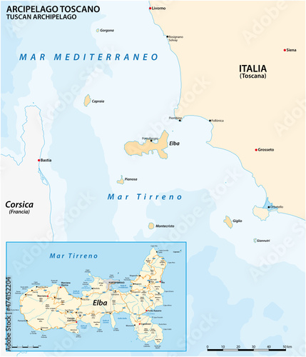Map of Elba Island and the Tuscan Archipelago, Italy