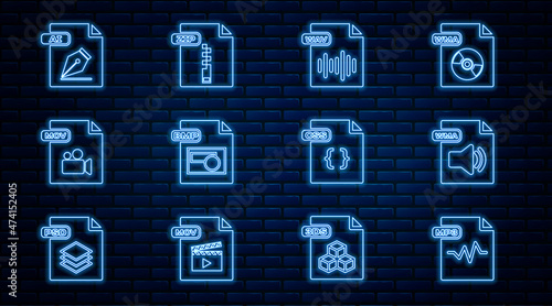 Set line MP3 file document, WMA, WAV, BMP, MOV, AI, CSS and ZIP icon. Vector