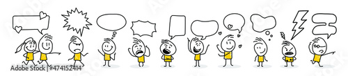Stick figures. Blank banner set. Vector illustration of people holding blank. It can be used for presentations, for explanation, as a mascot, for communication, to express emotions.