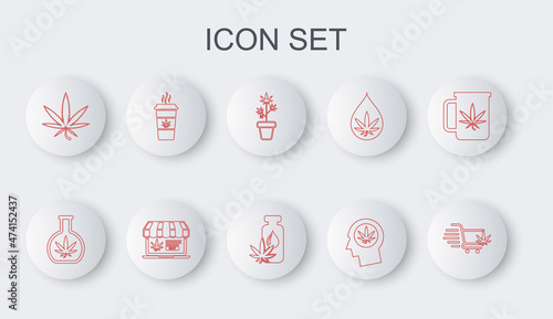 Set line Shopping cart with marijuana, Test tube, Marijuana plant pot, Head profile, or cannabis leaf, Cup coffee, Online buying and oil icon. Vector