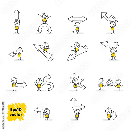 Stick figures. Arrow. Isolated on white background. It can be used for presentations, for explanation, as a mascot, for communication, to express emotions.