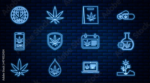 Set line Planting marijuana, Test tube with, Shopping bag of, Shield and, Online buying, Legalize, Calendar and Marijuana or cannabis leaf icon. Vector