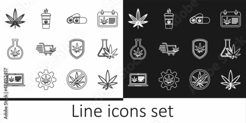 Set line Marijuana or cannabis leaf, Test tube with marijuana, Medical pills, Shopping cart, Shield and and Cup coffee icon. Vector